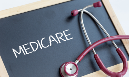 Medicare written on Chalkboard in white chalk with a red stethoscope resting on top of the chalkboard on the right side