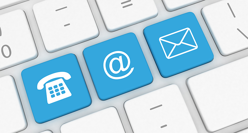 White keyboard with blue buttons with at symbol, phone icon, and mail icon.