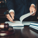 Lawyer writing in a book sitting on a desk with a gavel, books, and scales