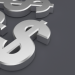 Dark gray background with three 3D silver dollar signs on the left side of the image.