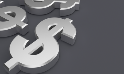 Dark gray background with three 3D silver dollar signs on the left side of the image.