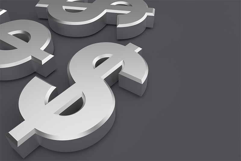 Dark gray background with three 3D silver dollar signs on the left side of the image.