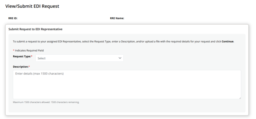 White box with the words View/Submit EDI Request at the top. A form for RREs to complete to submit a request to their EDI Representative is below the text. 